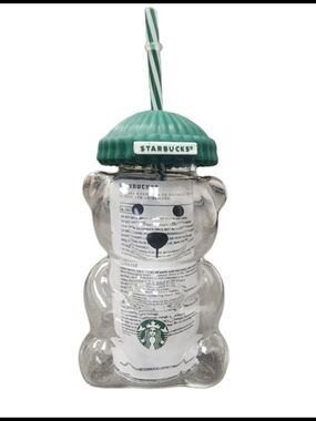 Starbucks Bear-Shaped Clear Drink Tumbler with Green Lid NIB